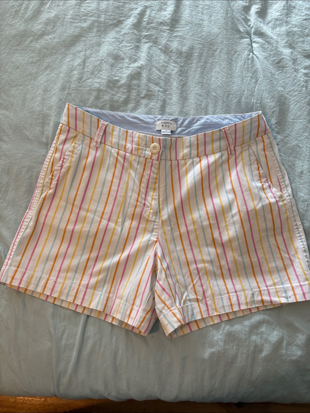 crown & ivy White Striped Cotton Bermuda Shorts with Pink, Yellow & Orange